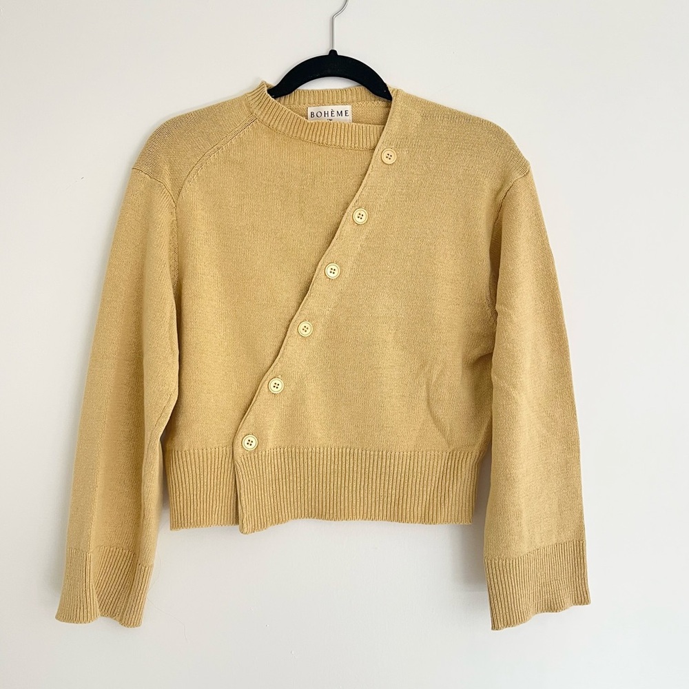 Boheme Asymmetrical Knit Cardigan Sweater in Wheat